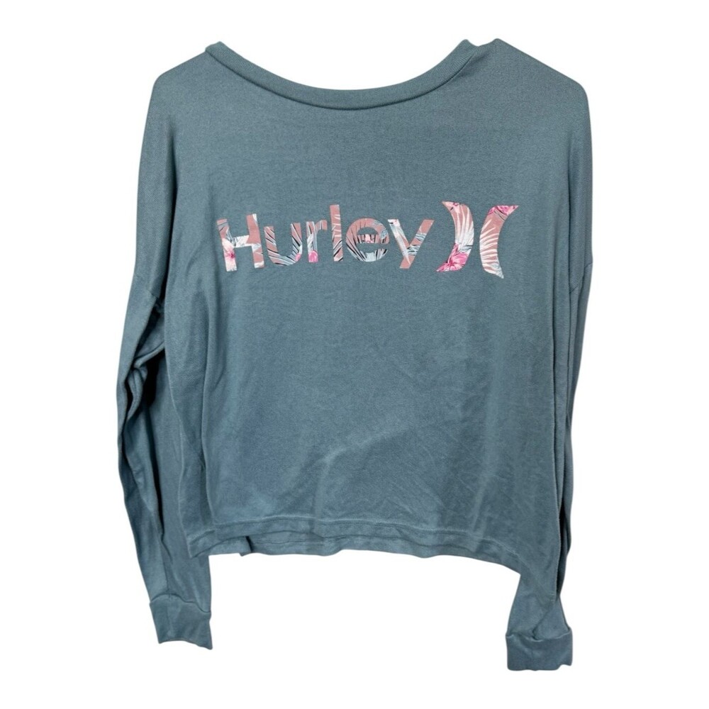 Hurley Blue Floral Logo Cropped Long Sleeve Top Size S